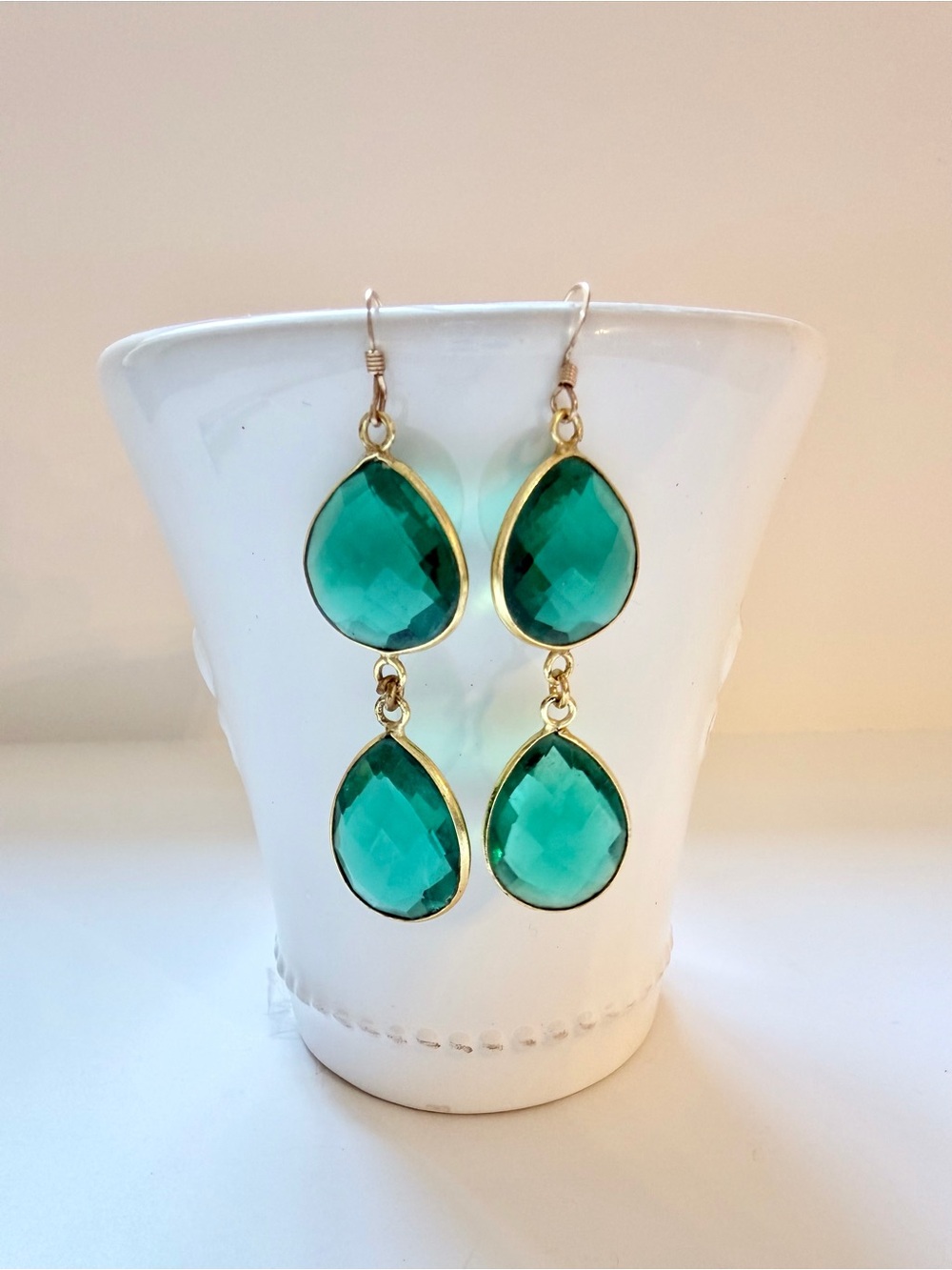 Emerald Green Double Teardrop Earrings Gold Tone Dangle